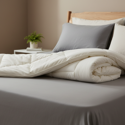 Bamboo comforter, rolled, on a bed