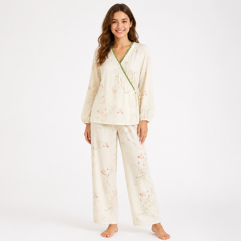Woman wearing a floral print EiderWeave bamboo kimono pajama set with wrap top