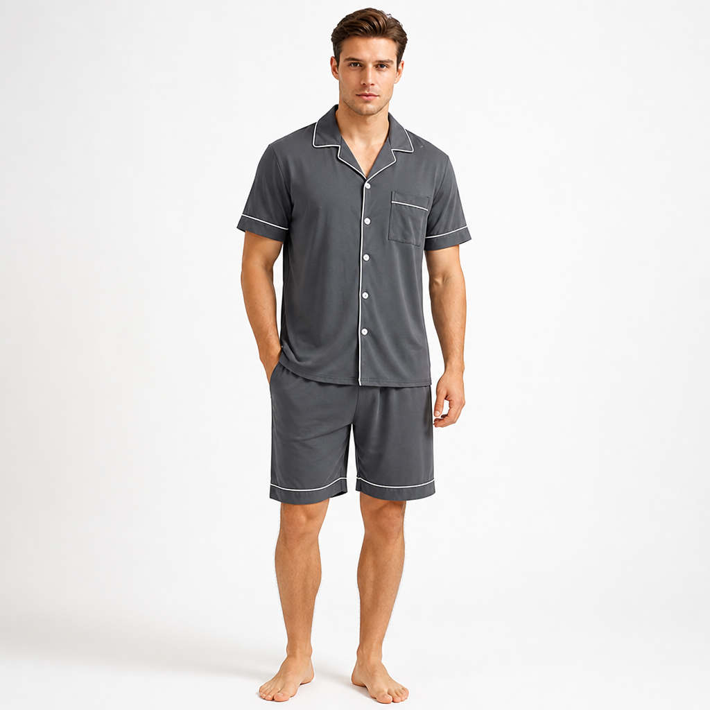 Man wearing a charcoal grey EiderWeave bamboo loungewear shorts set with piped trim
