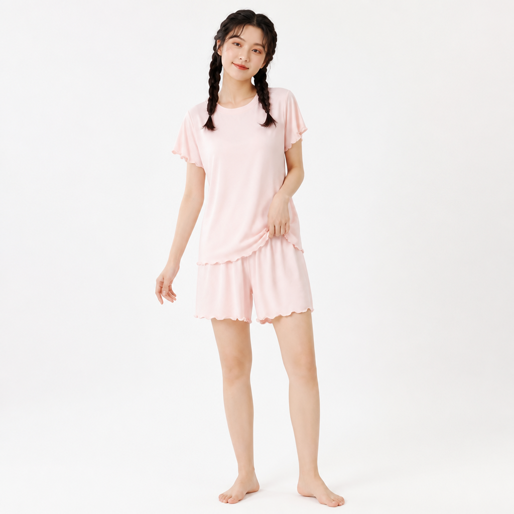Woman wearing a pink EiderWeave bamboo pajama shorts set with ruffled trim