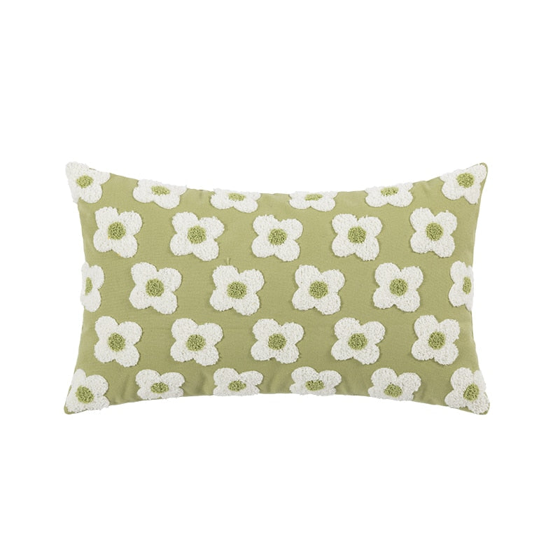 Embroidered Daisy Cushion Cover – Lumbar 30 × 50 cm / Green