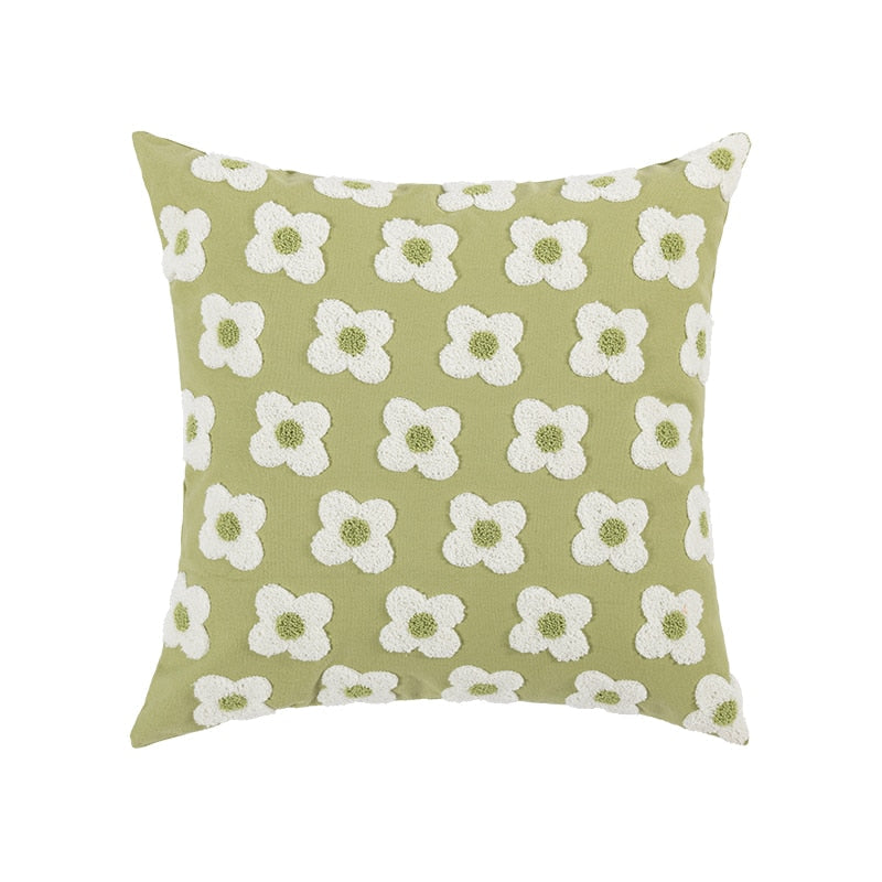 Embroidered Daisy Cushion Cover – Square 45 × 45 cm / Green