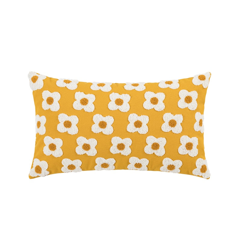 Embroidered Daisy Cushion Cover – Lumbar 30 × 50 cm / Golden Yellow