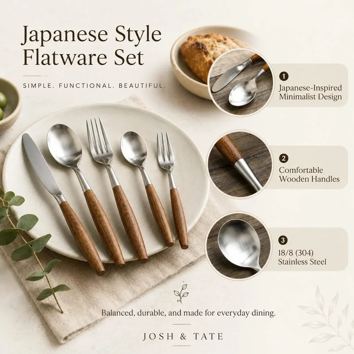 Japandi Cutlery Set with Wooden Handles – view 3