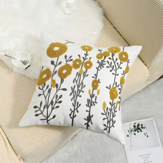 Embroidered Floral Cotton Cushion Cover