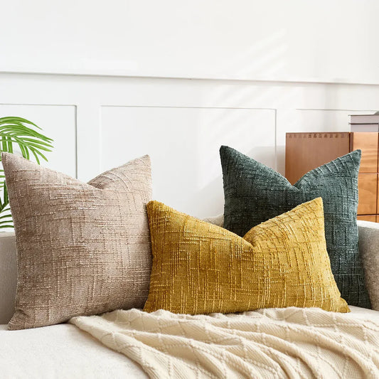 Chenille cushion cover with a textured solid-colour finish