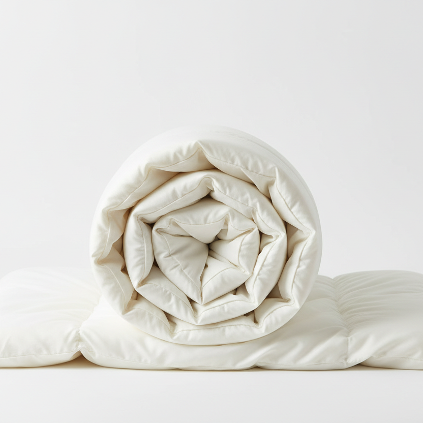 a bamboo comforter, rolled, in a white background