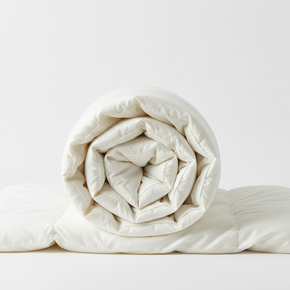 a bamboo comforter, rolled, in a white background