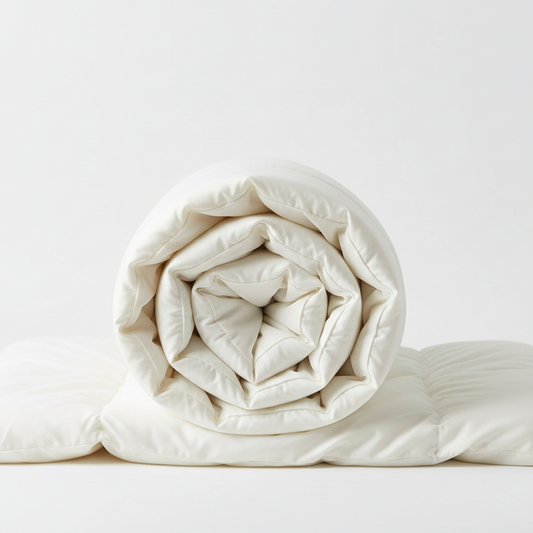 a bamboo comforter, rolled, in a white background