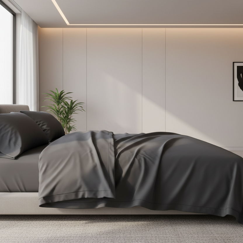 a bedsheet set, made of organic bamboo, of graphite colour #616263, in a luxurious and modern room