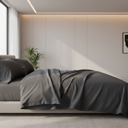 a bedsheet set, made of organic bamboo, of graphite colour #616263, in a luxurious and modern room
