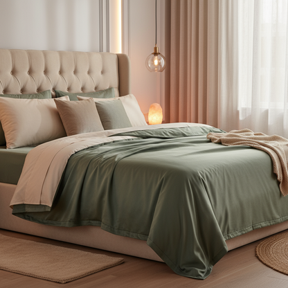 a bedsheet set, of organic bamboo fabric, of colour green #626556, in a luxurious and cozy room