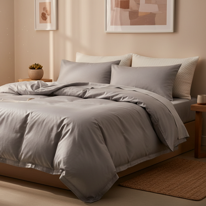 A duvet cover set, of bamboo fabric,in a lifestyle type of scene, of colour #cececf