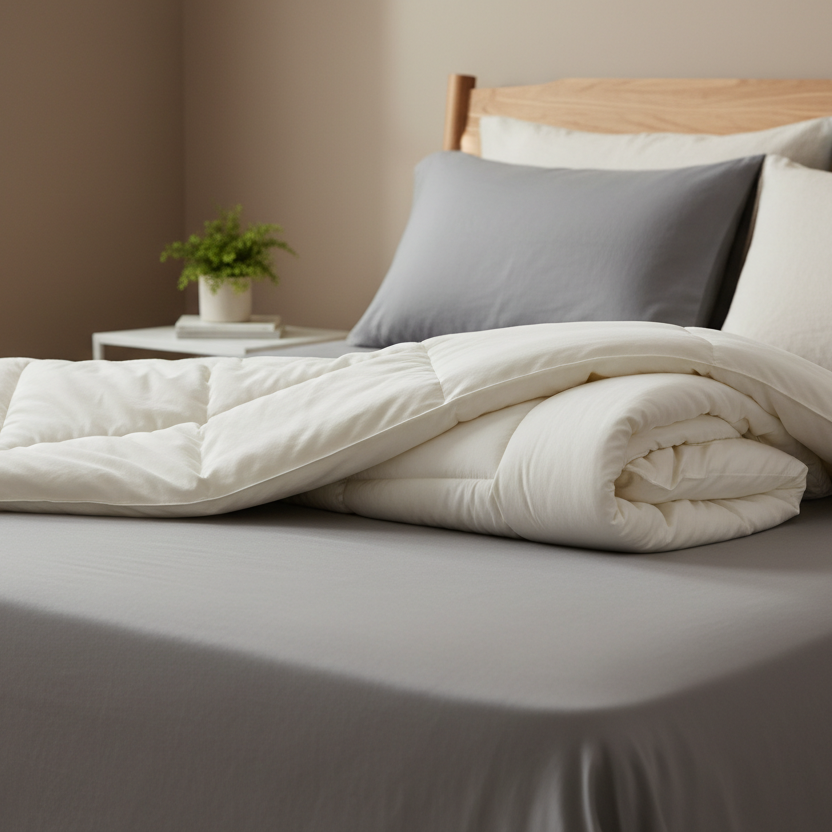 Bamboo comforter, rolled, on a bed