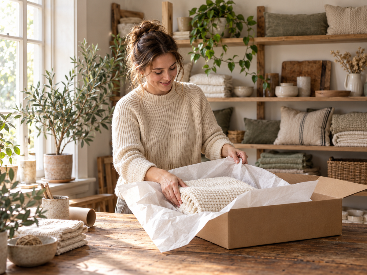 Woman carefully packing a cream home textile into an Eideris order box