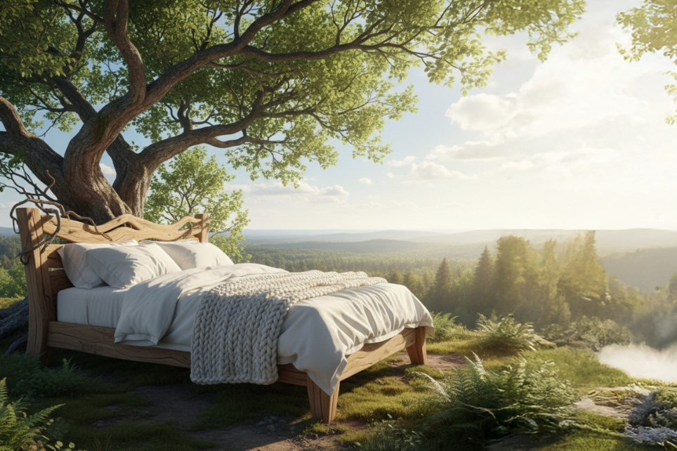 Bed in a natural setting with trees and sunlight